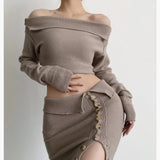 Poshoot Sexy Two Piece Set Women's Autumn New Off Shoulder Knitted Small Sweater High Waist Short Skirt Sweater Set Two Piece Set