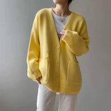 Poshoot 2024 Chic Yellow Sweater Cardigan Women Lazy Wind Single-Breasted Knitted Cardigan Women Solid V Neck Cardigans Female