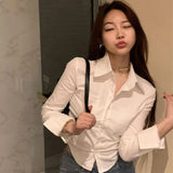 Poshoot 2024 Sexy Slim Fit White Shirt Women Korean Fashion Turn Down Collar Folds Crop Tops Woman Long Sleeve Y2K Blouse Female