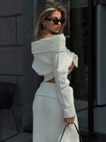 Poshoot Knitted Skirt 2 Piece Set Women's One-Shoulder Long Sleeves Sweater Pullover Elegant Slim Fit Long Skirt Suit Autumn New