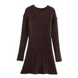 Poshoot Elegant Knitted Dress Women's New Solid Bottoming Sweater Dress O-neck Long Sleeve Slim Retro High Waist Dress Robe 2024