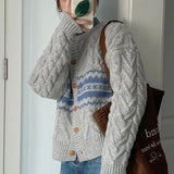 Poshoot Korean Gray Round Neck Cardigans Women Stripe Patchwork Twist Sweater Cardigan Woman Long Sleeve Knitted Coats Female