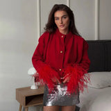 Poshoot Women's Casual O-neck Knitted Cardigan Autumn Fashion Single-Breasted Long-Sleeved Red Feather Patchwork Sweater  Jacket