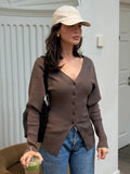 Poshoot Fashion Solid V Neck Slim Fit Cardigan Elegant Women's Full Sleeve Single Breasted Sweater 2024 Lady Autumn Commuting Streetwear