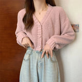 Poshoot Y2K Knitted Cropped Cardigan Sweater Women Korean Short Long Sleeve Crop Tops Woman Solid Color V Neck Cardigans Female