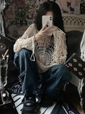 Poshoot Y2k clothesY2k Spider Web Hollow Hole Design Spice Girl Hooded Pullover Knit Top Sweater Women Korean Fashion свитер с узорами