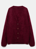 Poshoot Burgundy Chic Mohair Knit Cardigan Women Elegant V-neck Single Breasted Full Sleeve Sweater 2024 Autumn Lady New Loose Knitwear