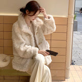 Poshoot Beige Horn Buttons Faux Fur Coat Women 2024 Winter Long Sleeve Lamb Wool Jacket Woman Korean Fashion Thicken Warm Outwear Female