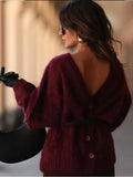 Poshoot Burgundy Retro Backless Deep V-neck Knitwear Two-piece Set Women's Warm Elegant Chic 2024 Lady Autumn Winter High Street Sweater