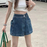 Poshoot Korean Style High Waist Skirt Shorts Women 2024 Summer Pockets Denim Shorts Woman Double Button A Line Skirt Pants Female