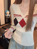 Poshoot Vintage V Neck Sweater Women Coquette Diamond Patterned Knitted Pullover Sweet Christmas Sueter Mujer Long Sleeve Tops