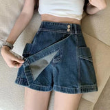 Poshoot Korean Style High Waist Skirt Shorts Women 2024 Summer Pockets Denim Shorts Woman Double Button A Line Skirt Pants Female