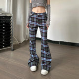 Poshoot Plaid Printed Slim Fashion Flare Pants High Waist Vacation Casual Streetwear Daily Basic Leggings Clohtes For Women