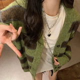 Poshoot Retro V Neck Green Stripe Cardigans Women Korean Chic Single Breasted Sweater Jackets Woman Streetwear Y2K Long Sleeve Cardigan