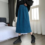 Poshoot Elastic Waist Corduroy Skirt Woman Autumn Winter Back Split Long Skirts for Women Korean Solid Color A-Line Midi Skirt