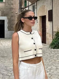 Poshoot Elegant Contrasting Buttons Crop Vest Women Fashion Round Neck Single Breasted Sleeveless Waistcoat New Lady High Streetwear