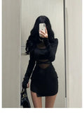 Poshoot Pile Up Sleeves New Sexy Black Fishbone Dress Personalized Slim Women Dress Thin Gauze Perspective Wrap Around Buttocks  F8Q3