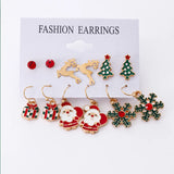 Poshoot 6 Pairs/Lot Christmas Earrings for Women Trendy Xmas Tree Santa Claus Elk Bow Ribbon Earring Set Party Holiday New Year Jewelry