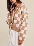 Poshoot Y2k Vintage Checkerboard Crop Cardigan V-neck Button Up Knitted Sweaters Women Autumn Winter Outfits