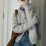 Poshoot Korean Gray Round Neck Cardigans Women Stripe Patchwork Twist Sweater Cardigan Woman Long Sleeve Knitted Coats Female