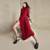 Poshoot Red Patchwork Slit Maxi Dress Female Solid High Neck Long Sleeve Party Club Dress Sexy Gathered Pullover Slim Dress Robe