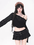 Poshoot Autumn Black 2 Piece Dress Set Women Casual Knitted Sweater + Y2k Mini Skirts Casual Knit Set Crop Tops Office Lady Korean