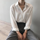 Poshoot Elegant Office Long Sleeved Shirts Women Turn Down Collar Solid Color Loose Shirt Ladies 2023 Chic Pocket Korean Blouse