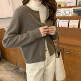 Poshoot Solid Color Knitted Cardigan Women Korean Single Breasted Long Sleeve Jumper Woman Round Neck All Match Cardigans Outwear