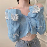 Poshoot 3D Butterfly Knitted Cardigan Women 2025 Summer Sexy Lace Long Sleeeve Crop Tops Woman Chic Short Thin Sunscreen Shirts Female