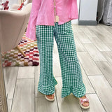 Poshoot Preppy Cute Plaid Wide Leg Pants Vintage Ruffles Hem Loose Fit Trousers Fairycore Elastic Waistband Lounge Pants Y2K Clothes