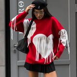 Poshoot Heart Print Sweater Women's O-Neck Long Sleeve Pullover Sweater Casual Knitted Tassel Sweater Loose Women's Streetwear