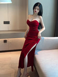 Poshoot 2023 Summer Women's Sexy Temperament ceremonial dress Wrapped Chest backless High Split Velvet Wrapped Hip Red Long Dress FQ4B