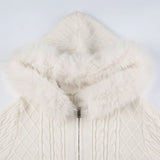 Poshoot-White Twisted Fluffy Zip Up Knitted Sweater