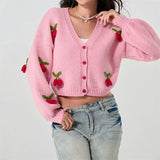 Poshoot Y2k Cherry Embroidery Cropped Sweater For Women Knit Cardigan Female Autumn Long Sleeve Loose Knitted Coats Jackets