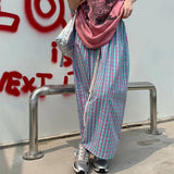 Poshoot Korean Y2K Plaid Skirts for Women 2024 Streetwear Drawstring High Waist Long Skirt Woman Summer Loose A-Line Skirt Female