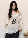 Poshoot Y2k Streetwear Off Shoulder T Shirts Women Coquette Aesthetic Short Sleeve Tees Female Casual Kpop Grunge Oversized Top