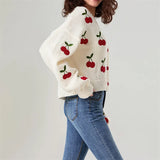 Poshoot Y2k Embroidery Cherry Cardigan Women 2024 Winter Fashion Patchwork Long Sleeve Short Cardigan Street Casual Knitwear Sweater