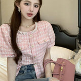 Poshoot Fashion Beading Round Neck Shirts Women Summer Korean Short Sleeve Pink Blouses Woman Chic Pearls Button Up Crop Tops