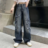 Poshoot Streetwear Ripped Baggy Jeans Woman High Waist Wide Leg Denim Trousers Women 2023 Harajuku Loose Straight Jeans Female