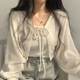 Poshoot 2024 Spring Thin Cropped Cardigan Women Korean Style Lace-Up Sunscreen Coat Woman Solid Color Lantern Sleeve Crop Tops