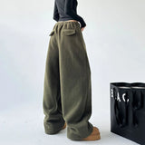 Poshoot Faux Lambswool Warm Wide-Leg Pants Women 2024 Chic Drawstring Waist Winter Joggers Woman Solid Color Loose Sweatpants Female