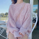 Poshoot Sweet Pink Hoolow Out Sweaters for Women Lazy Style Loose Thin Knitted Pullover Woman 2025 Spring Cute Long Sleeve Sweare Female