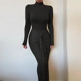 Talenza Fall Knitted Maxi Dress Women's Solid Pleated Bandage Slim Dress Elegant Patchwork Turtle Neck Knitted Dress Robe Female