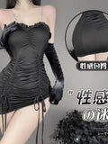 Poshoot Fashion Sexy Mini Dress Underwear Sexy Drawstring Strap Wrap Hip Short Dress Elegant Irregular Dresses 2023 New Tops Sweet F492