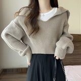 Poshoot Long Sleeve Cropped Sweater Women Autumn Winter Turn Down Collar Knitted Jumper Woman Korean Style Solid Color Jerseys