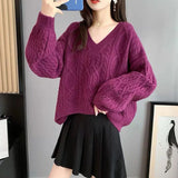 Poshoot Chic V Neck Cropped Sweater Women Autumn Winter Long Sleeve Loose Jumpers Woman Korean Fashion Solid Color Short Sweaters Ladies