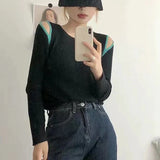 Poshoot  2024 Off Shoulder Knitted Sweater Women Autumn Round Neck Hollow Out Pullovers Woman Korean Long Sleeve Jumper Ladies