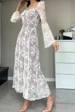 Poshoot Christmas Thanksgiving Gifts  Lace-Up Square Neck Printed Long Sleeve Maxi Dress