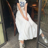 Poshoot 2024 Summer White Flower Bun Skirts Women Korean Fashion Lantern Loose Long Skirt Woma High Waist A Line Skirts Female