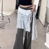 Poshoot Korean One Piece Mesh Skirts Women Ins Floral Embroidery Irregular Mesh Mini Skirt Woman Lace Up Half Body Skirts Female